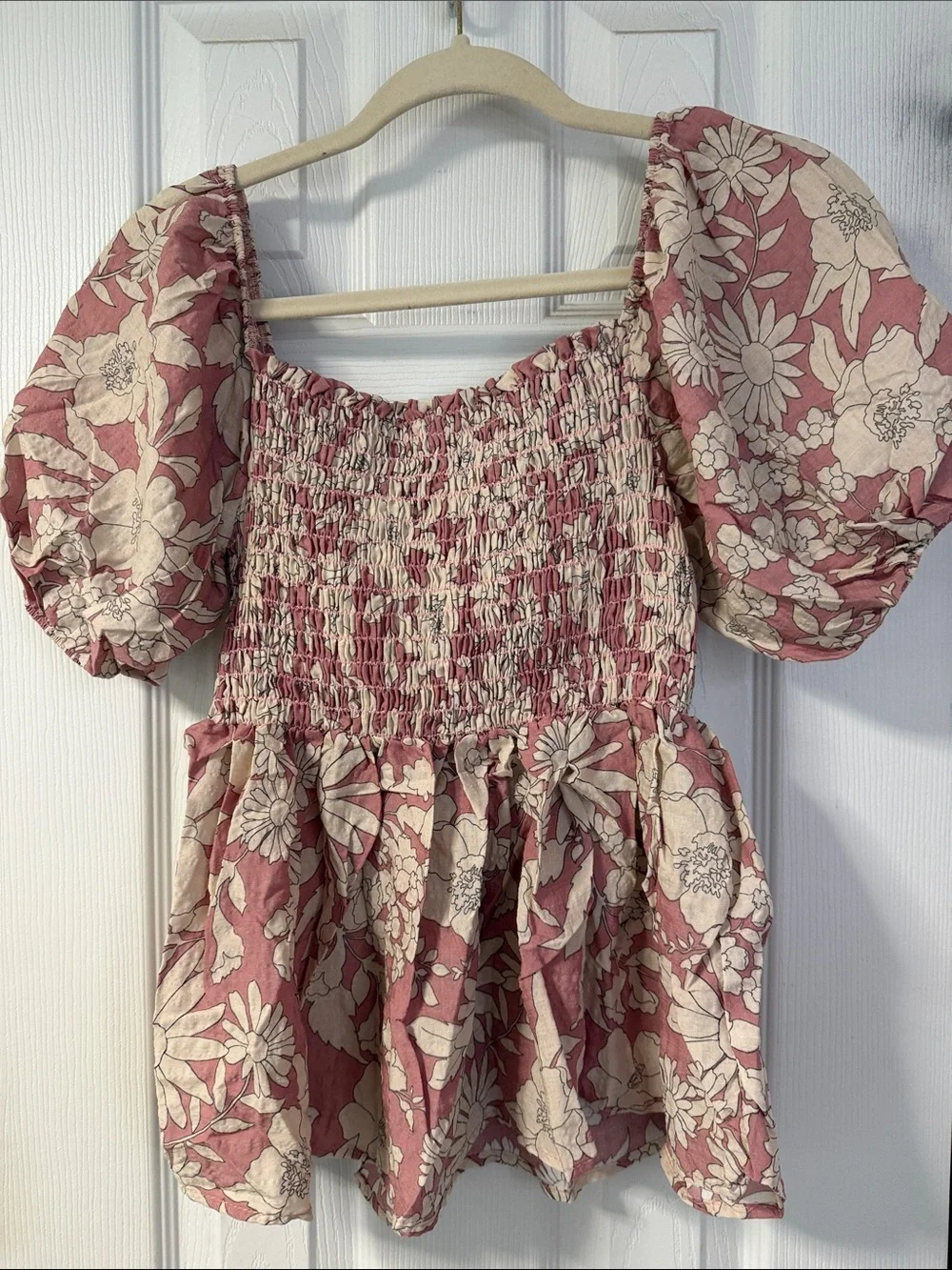BiBi Dusty Rose Floral Smocked Peplum Blouse - Picture 3 of 3